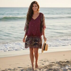 TRF Womens Burgundy Paisley Print Flutter Sleeve V Neck Mini Dress‎ Size M